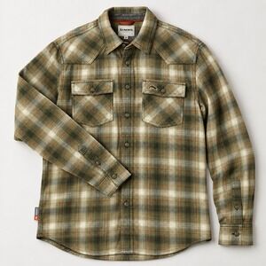 Simms Santee Flannel Shirt Mens Small Olive Plaid Long Sleeve Fishing Organic